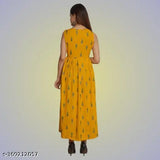 Yellow rayon sleeveless anarkali kurti with tilak print, single size options available