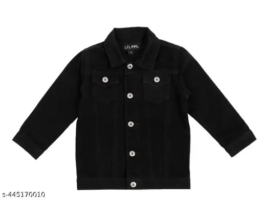 Black denim jacket with two pockets on front