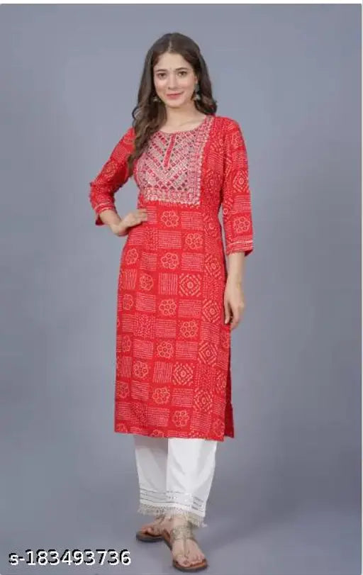 Rayon Bandhani print kurta with embroidery work, round neck, rayon fabric, embroidered bandhani design, fitted sleeves, full length, color not washable