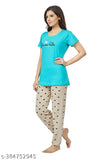 Sky Blue hosiery cotton printed half sleeve T-shirt & pajama pants night suit for ladies, ideal for sleepwear & loungewear. Breathable cotton fabric with feminine detailing and a roomy fit. Made in India