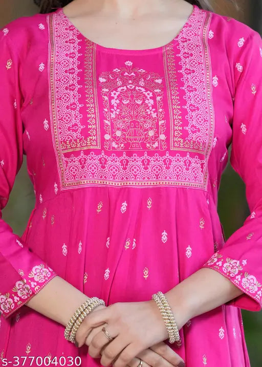 Rayon, round neck, long ankle length, solid geometric print, dress for women and girls, 34 sleeves, align anarkali gown