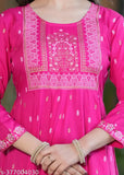 Rayon, round neck, long ankle length, solid geometric print, dress for women and girls, 34 sleeves, align anarkali gown