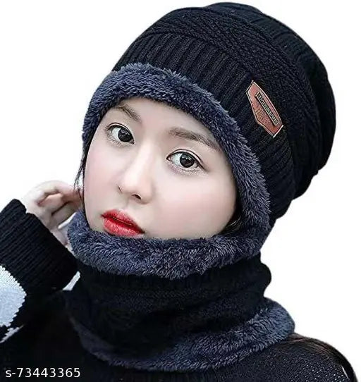 Black wool winter beanie cap with fur lining, suitable for men and women