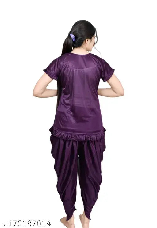 Maroon begni combo patiyala night dress and nighty suit set, satin fabric solid-colored Indian evening wear for women