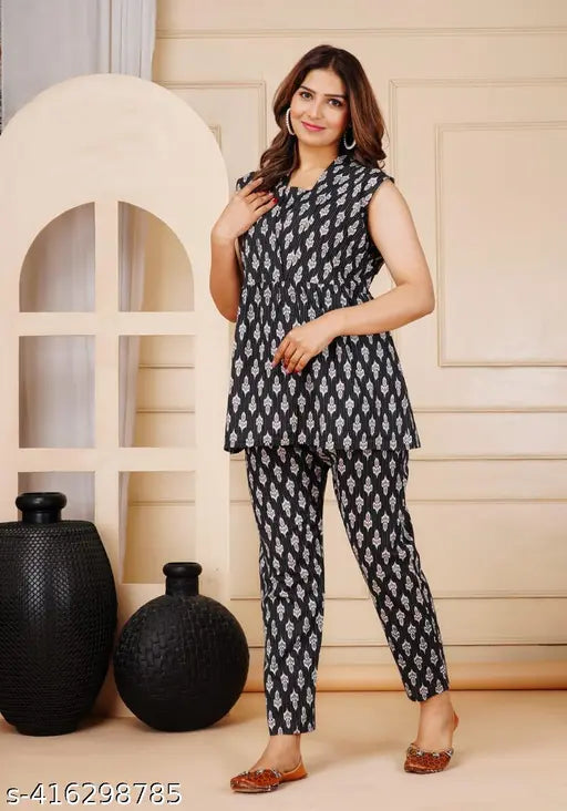 Katha cotton printed night suit top & pyjama coord set, three-quarter sleeves, comfortable sleepwear for women - made in India