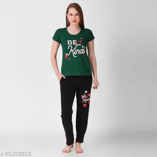 Green cotton crew neck t-shirt, white lettering, be kind design