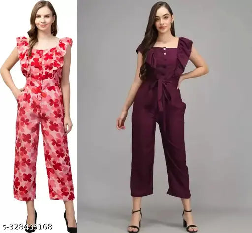 Printed net poly crepe sleeveless combo jumpsuit, lightweight & breathable for effortless style. Two sizes available: S (34in-50in-29in) & M (36in-50in-31in). Made in India