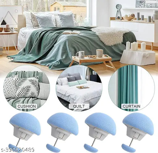 A blue fabric cover with a silver zipper and attached to a bed as a curtain