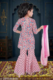 Cotton silk ABU Fashion Girls Readymade Kurta Sharara & Dupatta set, printed top with lace embellishments for girls aged 2-12. Indian traditional wear for any season or occasion