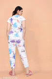 White cotton blend floral round nightsuit set for women, transitioning from casual daywear to evening attire, Indian-made