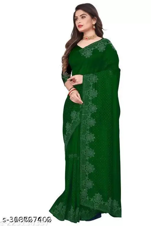 Green georgette and chiffon saree with hotfix diamond work and same-colored blouse piece, new trending silk and cotton saree from India on display