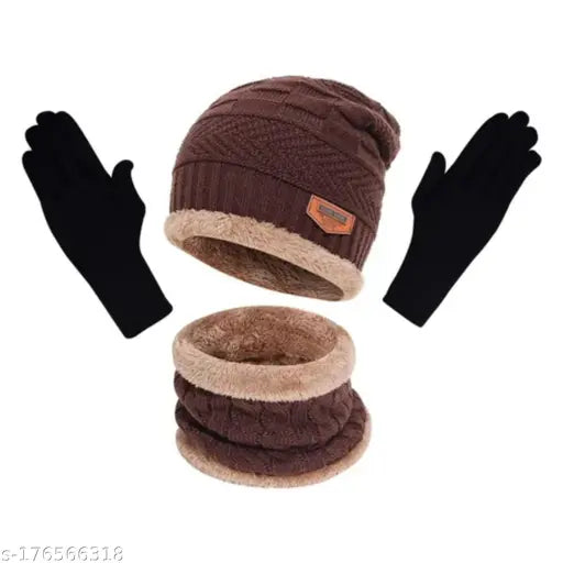 Brown wool balaclava set with gloves cap, solid pattern for outdoor winter sports