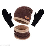 Brown wool balaclava set with gloves cap, solid pattern for outdoor winter sports