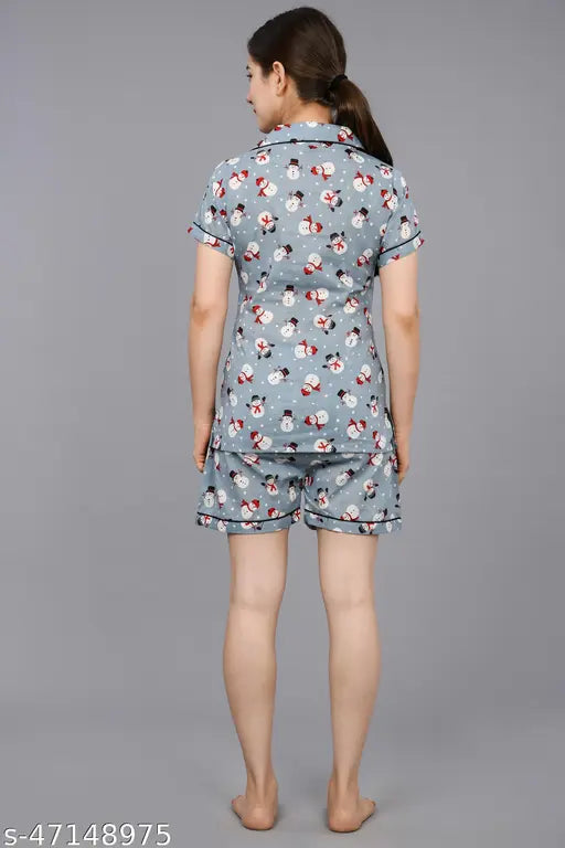 Printed cotton nightwear suit with pyjama and shorts for women, features beautiful print, perfect for daily comfort
