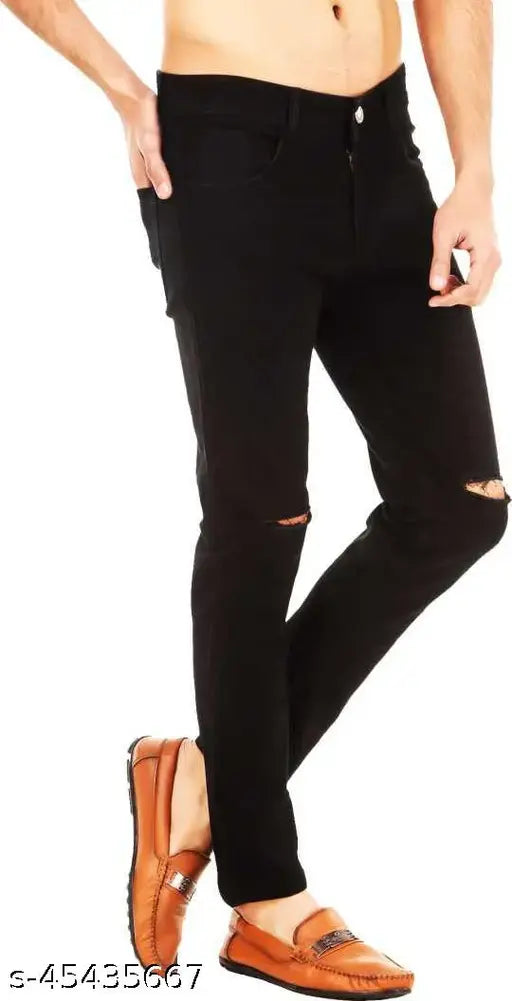 Black denim men's knee-cut jeans from Creatywitty, size 28/30/32