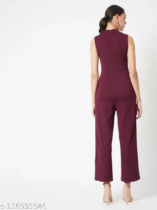 Maroon polyester sleeveless Miss Chase jumpsuit with V-neck, zip closure, and sequin belt, knitted design, women's solid jumpsuit from India