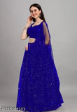 Blue semi-stitched lehenga with satin blouse and embellished net dupatta, Indian bridal wear on display stand