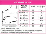 The image shows a children's shoe chart with various types of shoes, including casual sneakers, party wear shoes, and boots. There are measurements in different units such as cm, inches, EU, UK, US, and MM for the foot length. There is also an instruction on how to measure one's own foot length. The visible attributes include colors ranging from pink to dark shades, various textures and patterns, and a variety of designs catering to different age groups and occasions