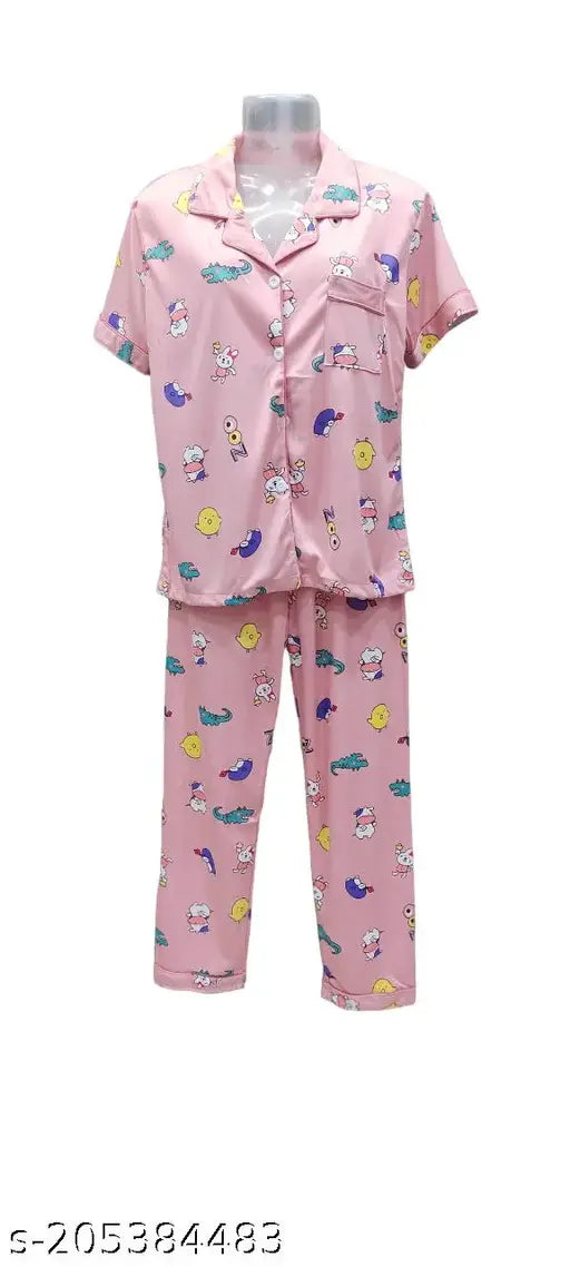 Women's cotton blend night T-shirt and shorts set with printed design, perfect for a cozy night