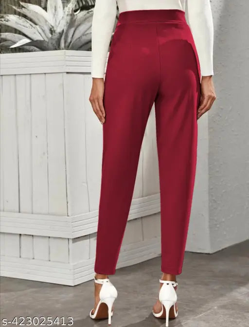 Maroon polyester blend narrow trousers with two side pockets and mid-waist design, suitable for casual wear