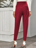 Maroon polyester blend narrow trousers with two side pockets and mid-waist design, suitable for casual wear