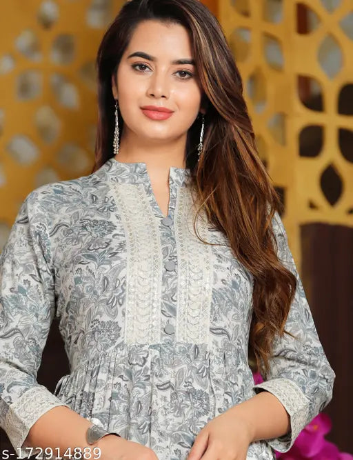 Grey rayon floral kameez dress