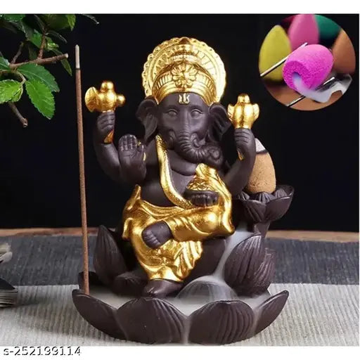 Indian poly resin Ganesh idol fountain with 20 cones for home decor gifting - backflow incense burner