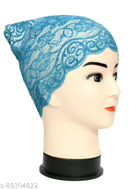 A pair of turquoise blue net hijab caps, lycra material