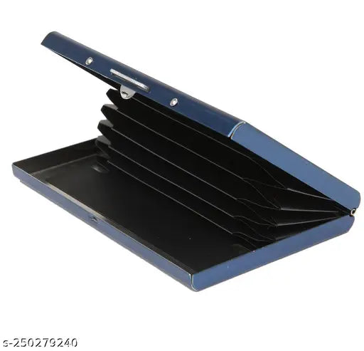 Stainless steel credit card wallet, slim metal holder protects 6 cards. Solid construction, waterproof, ultra-slim and portable. High-quality, matt black finish, perfect for daily use or travel. Made in India