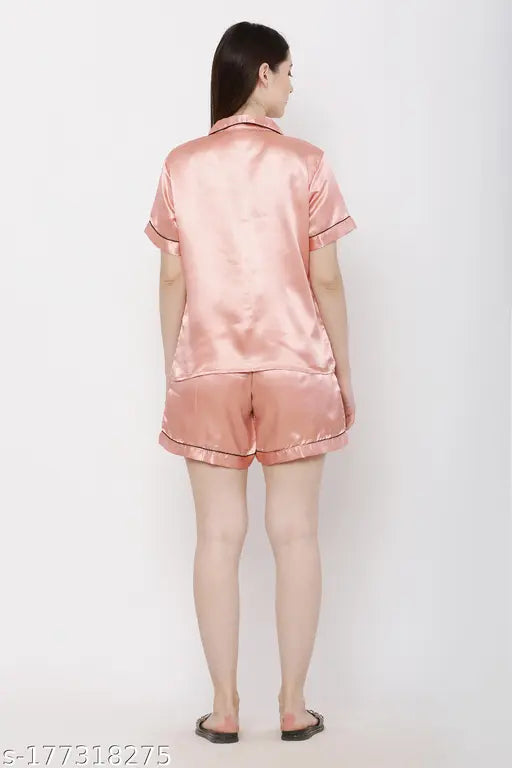 Satin night suit set, women's solid plain shirt & shorts, ZEESHE MEESHE, India-made satin sleepwear