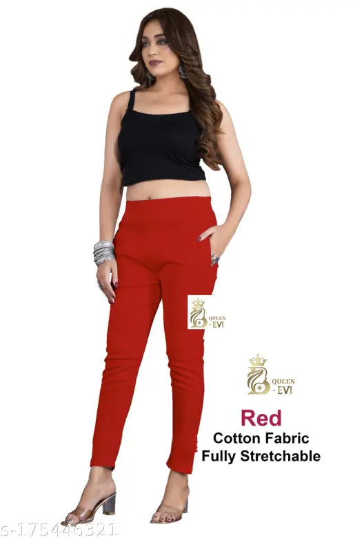 Red cotton lycra solid trousers for women, casual wear in size S-XXL