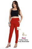 Red cotton lycra solid trousers for women, casual wear in size S-XXL