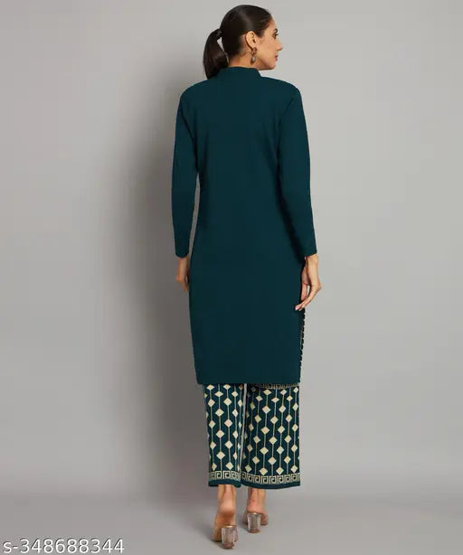 Wool Kurta set for women in printed net pattern, three-quarter sleeves with palazzo bottoms. MEAVYIL Women's fashion from India