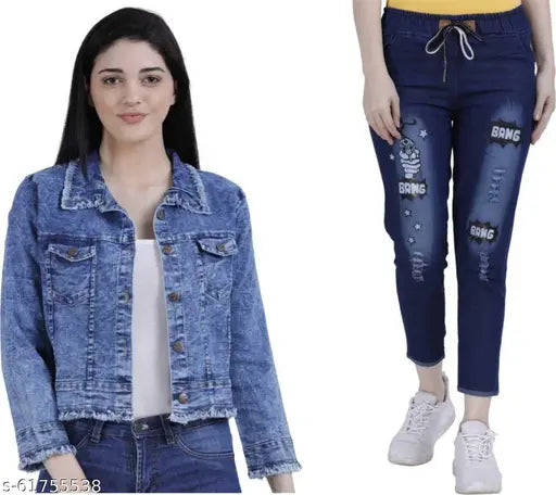 Denim jackets and joggers for girls, solid color denim, long sleeves, two pieces - size S, M, L, XL from India