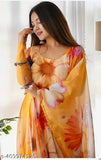 Yellow Georgette collared neck gown for women's western wear, printed net pattern, long sleeves, showroom-finished, high quality, breathable fabric, suitable for weddings & parties, button & bow detail