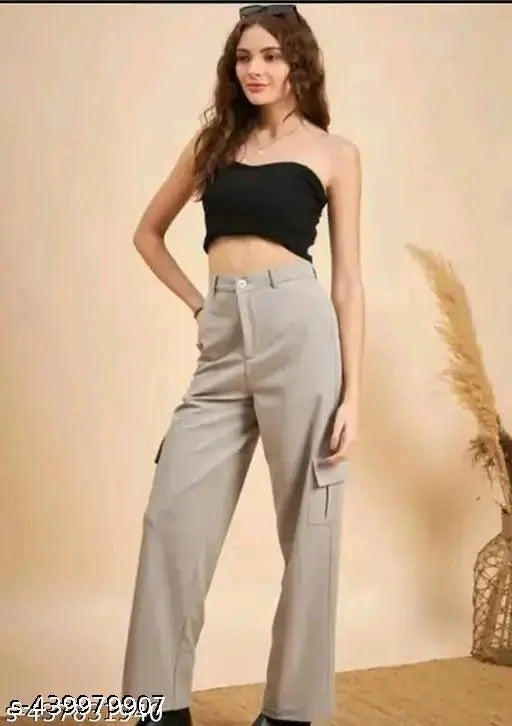 Women's casual high-waisted gray trousers with cropped style, elastic waistband