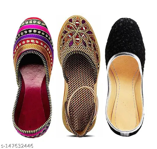 Embellished textile mojaris: women's belly sandals set of 3 pairs, Indian design