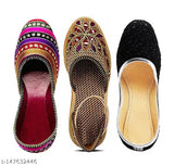 Embellished textile mojaris: women's belly sandals set of 3 pairs, Indian design