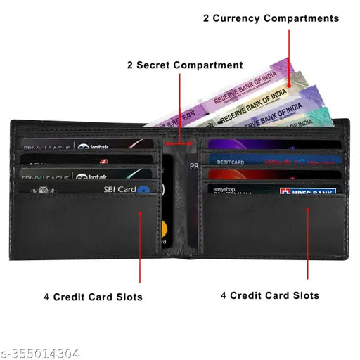 Black faux leather men's wallet, 2 compartments, 6 card slots, Lorenz WL-64 design