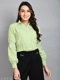 Green checked cotton full-sleeve collared crop top for women, casual and fashionable self-design