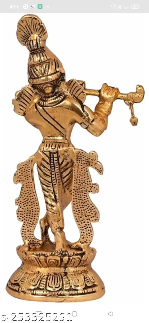 Metal Krishna Idol with flute, decorative showpiece for gifting or temple, 8cm x 22cm x 22cm, Indian origin