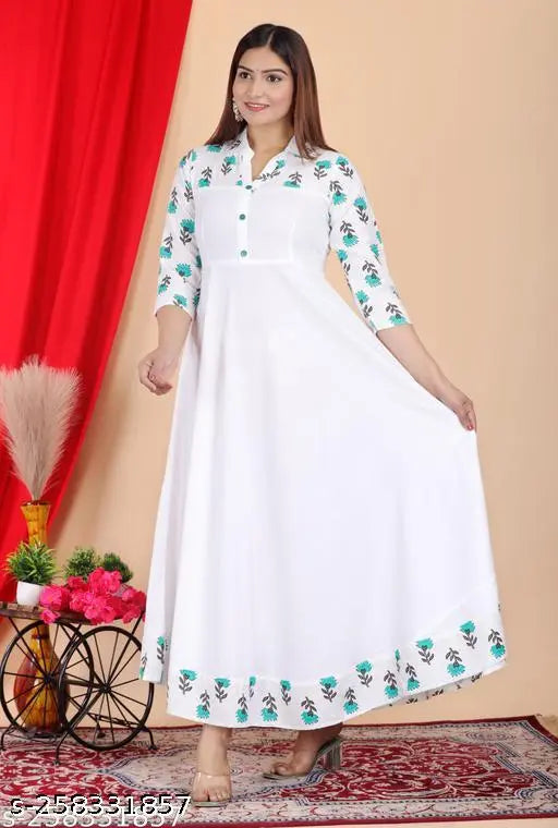 White viscose rayon flared kurta with printed combo, three-quarter sleeves, perfect for everyday ethnic wear from DARGU, India