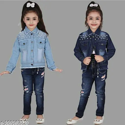 Three-piece denim outfit, dark wash jeans and a jean jacket, with a bow headband, worn by a young girl