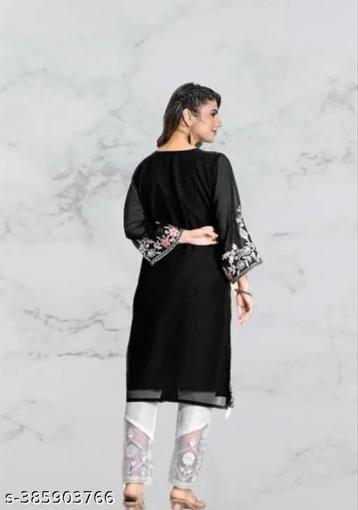 Georgette and crepe Floral Embroidered Pakistani Kurta Pair with white pant set, new designer work full sleeve top and printed net patterns (Single size, XS-XXL)