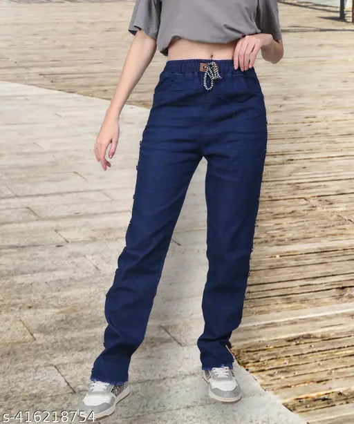 Dark blue stretchable premium denim side buttoned jogger jeans, fashionable, skinny fit, womenswear