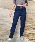 Dark blue stretchable premium denim side buttoned jogger jeans, fashionable, skinny fit, womenswear