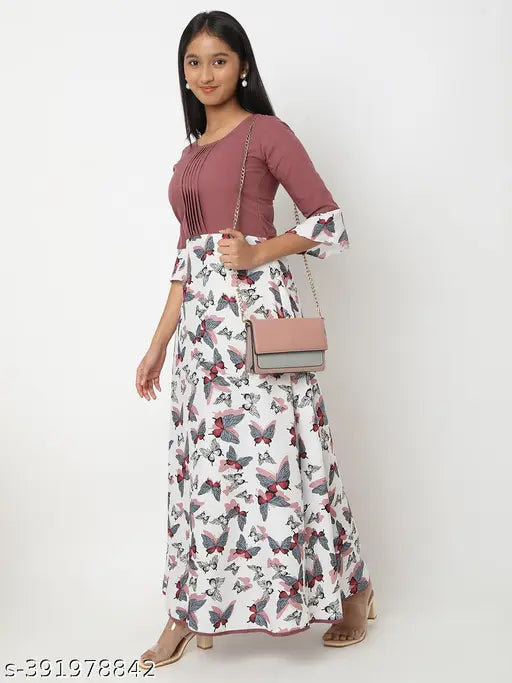 Printed crepe maxi dress for girls, 6-17 years, rose flower pattern, party wear collection