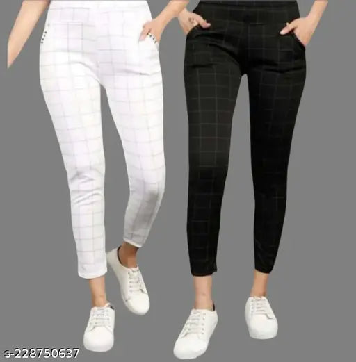 Stretchable Lycra checked jeggings pack of 2 for girls and women, no-bubble, wrinkle-free, and export quality stitching. India origin