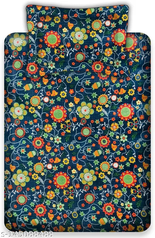Blue Floral Cotton Single Flat Bedsheet
