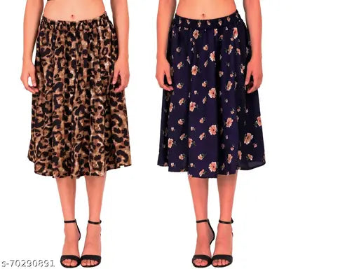 Navy Blue Brown Floral Print Women's Mid Calf IBPanel Polyester Skirt Combo - Printed net flared skirt in various sizes (26-34), crepe fabric, Indian origin